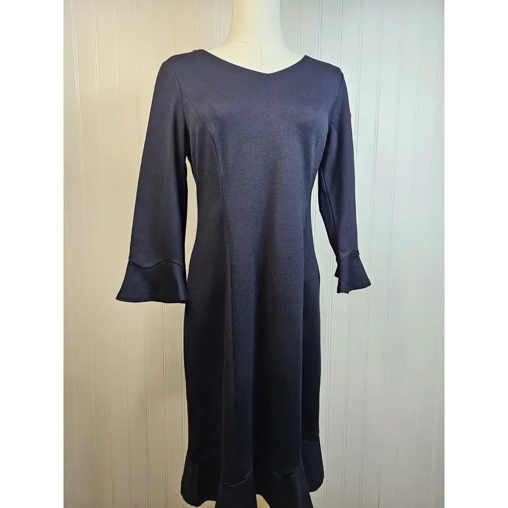 Talbots Flounce Refined Ponte‎ Sheath Dress Women’s Size 4P Navy Blue